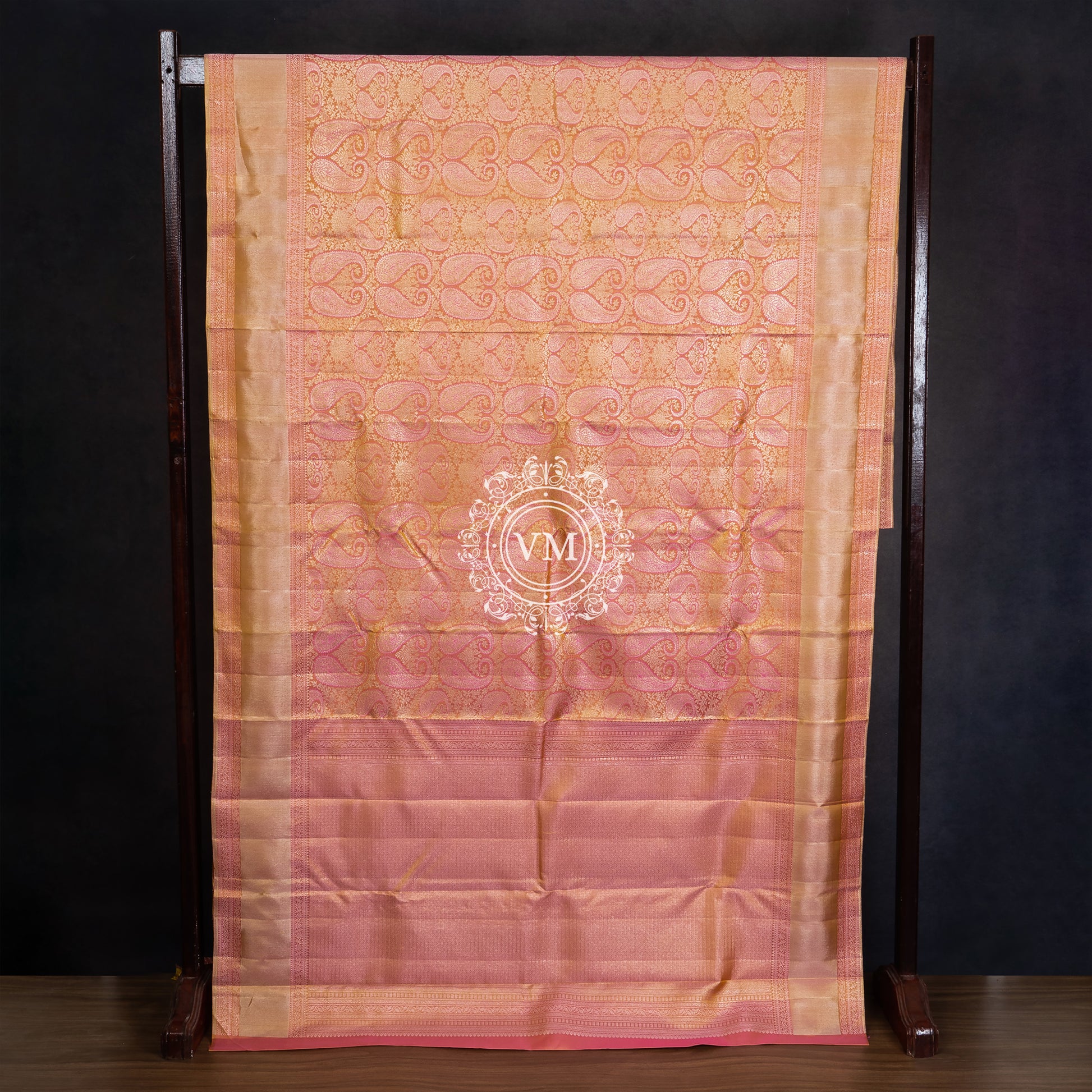 WS35 Sea Pink and Fire Yellow Silk Saree with Mango patterns - V Muthuswamy Silks