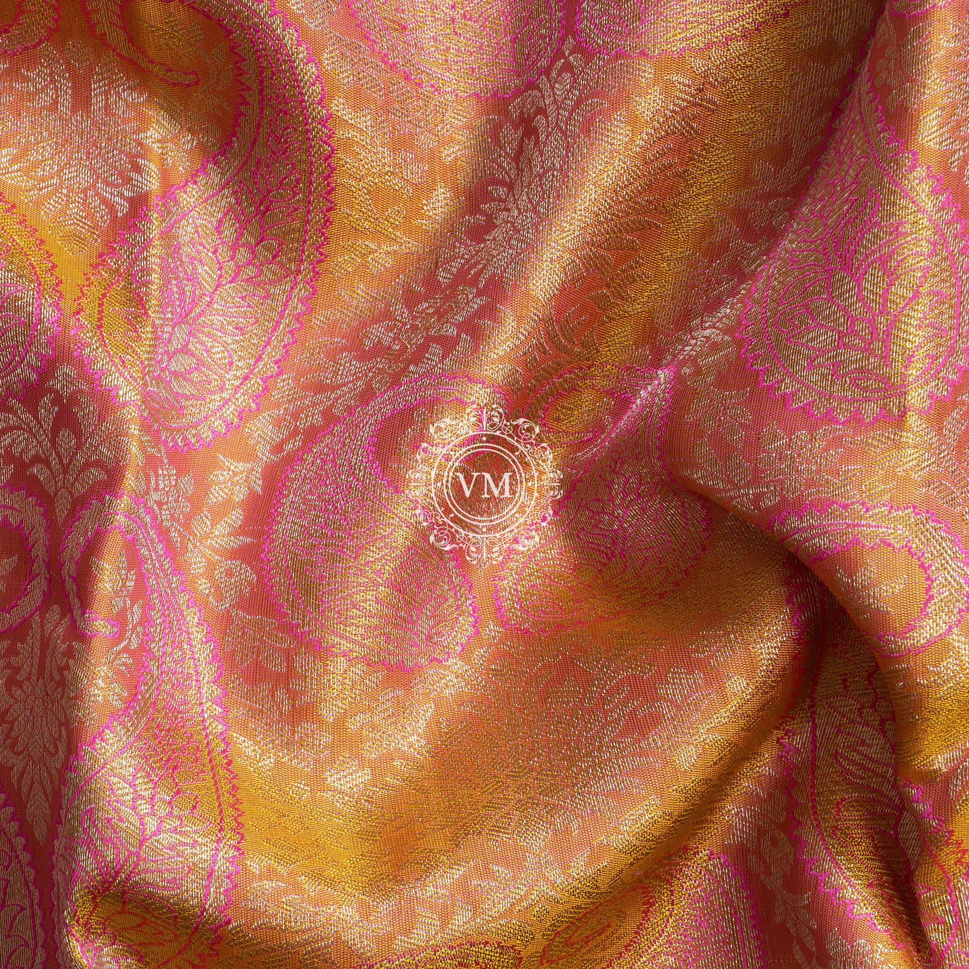 WS35 Sea Pink and Fire Yellow Silk Saree with Mango patterns - V Muthuswamy Silks
