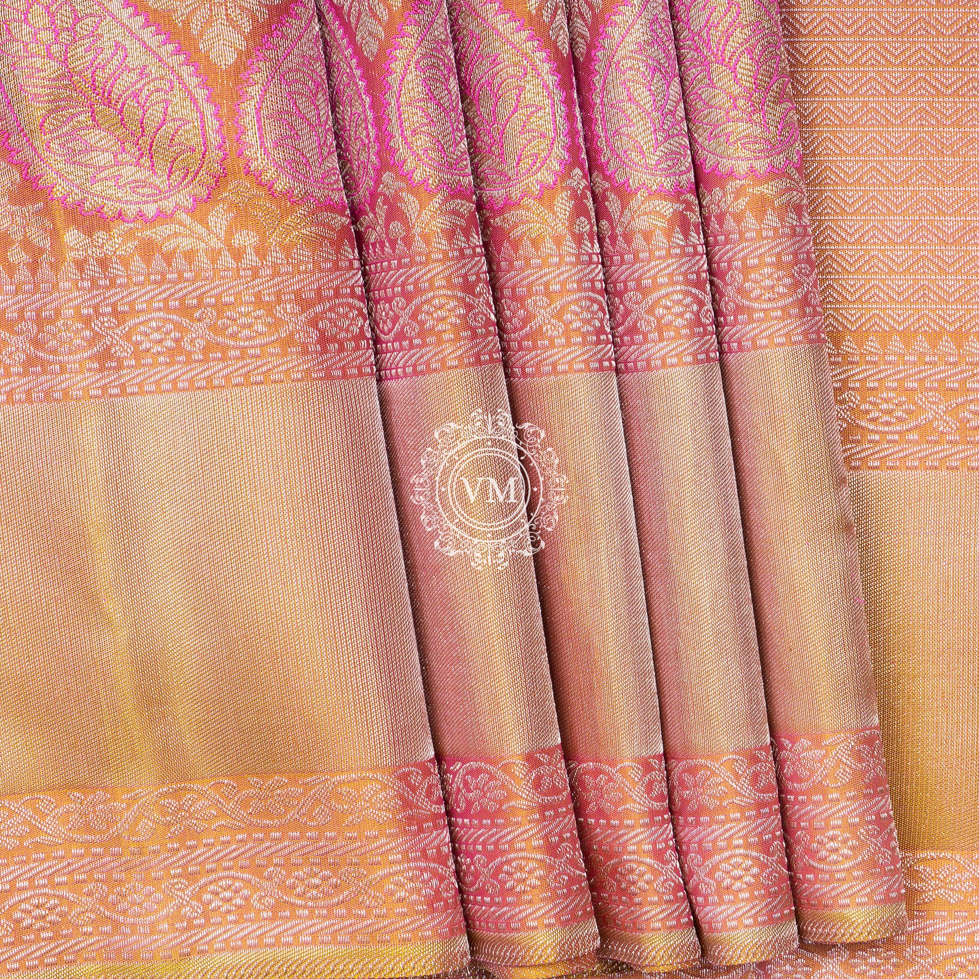 WS35 Sea Pink and Fire Yellow Silk Saree with Mango patterns - V Muthuswamy Silks