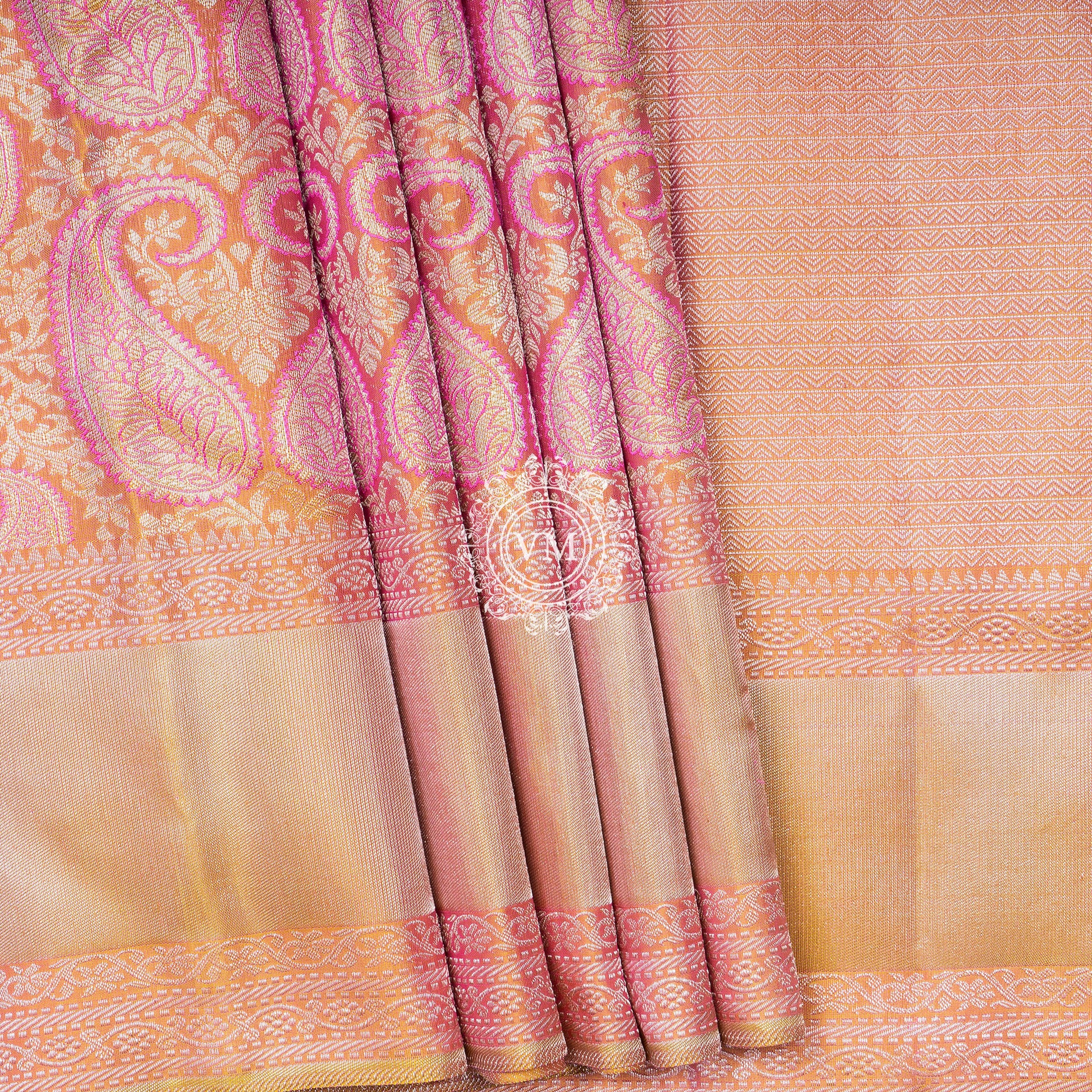 WS35 Sea Pink and Fire Yellow Silk Saree with Mango patterns - V Muthuswamy Silks