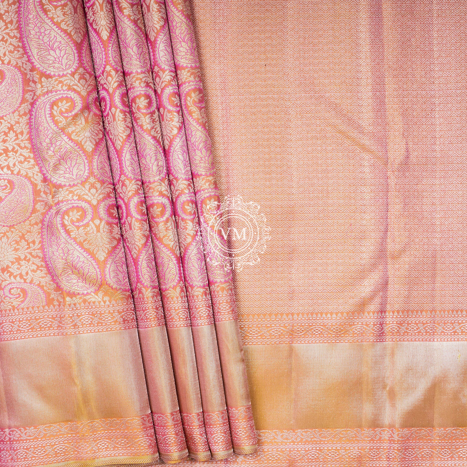 WS35 Sea Pink and Fire Yellow Silk Saree with Mango patterns - V Muthuswamy Silks