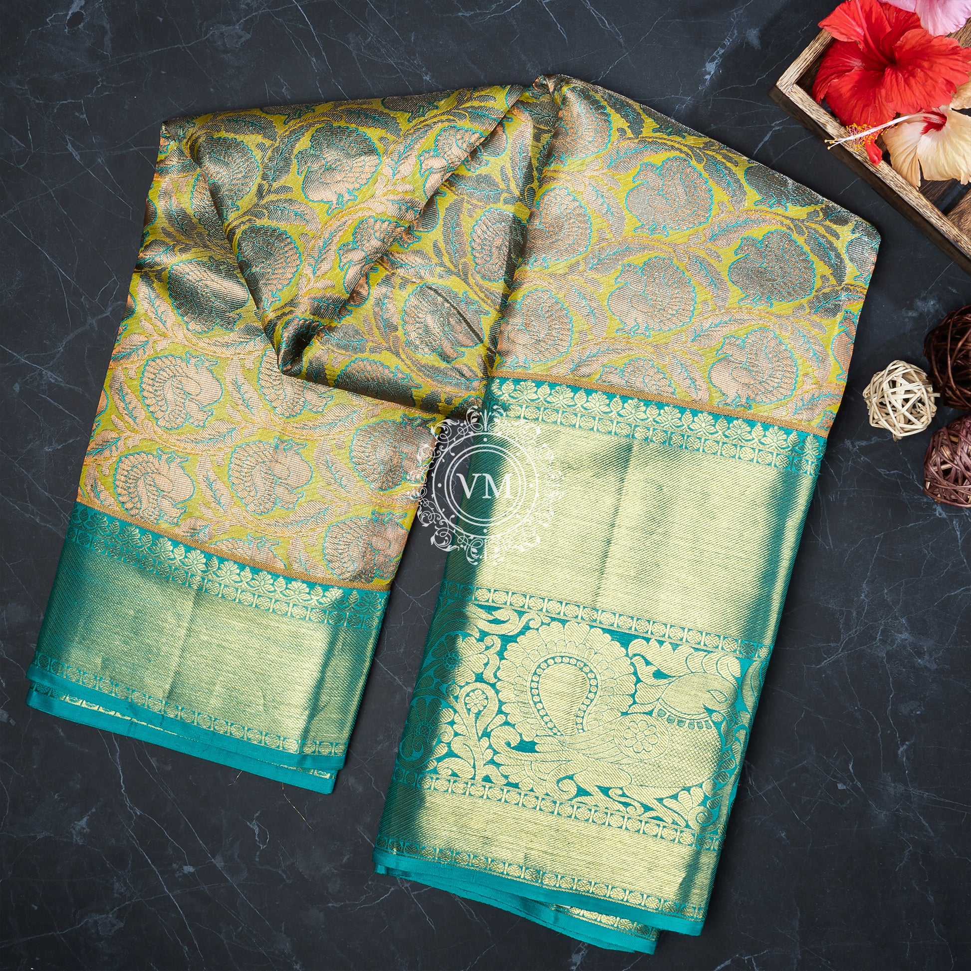 WS36 Sandstorm Green color Saree with Teal Blue Border - V Muthuswamy Silks