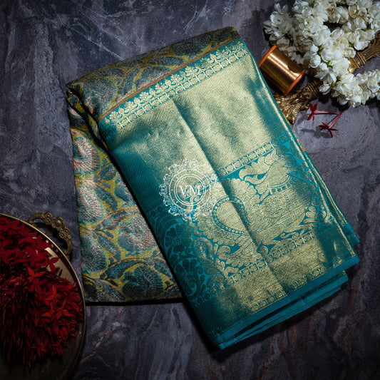 WS36 Sandstorm Green color Saree with Teal Blue Border - V Muthuswamy Silks