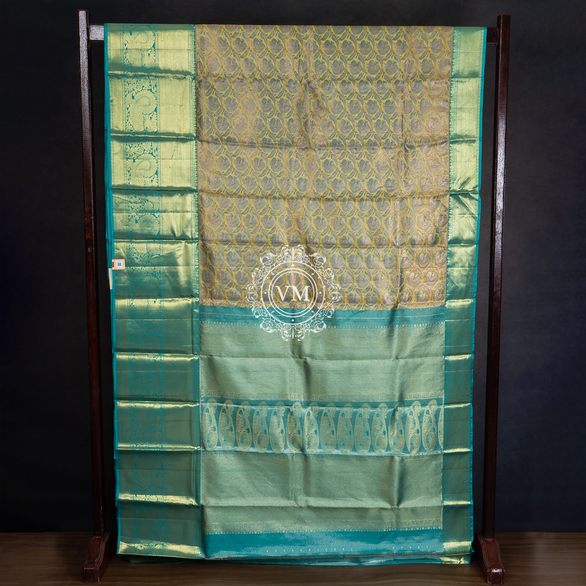 WS36 Sandstorm Green color Saree with Teal Blue Border - V Muthuswamy Silks