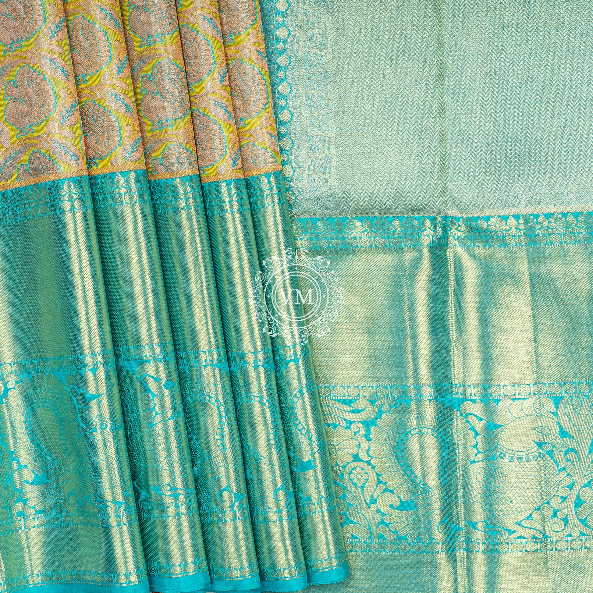 WS36 Sandstorm Green color Saree with Teal Blue Border - V Muthuswamy Silks