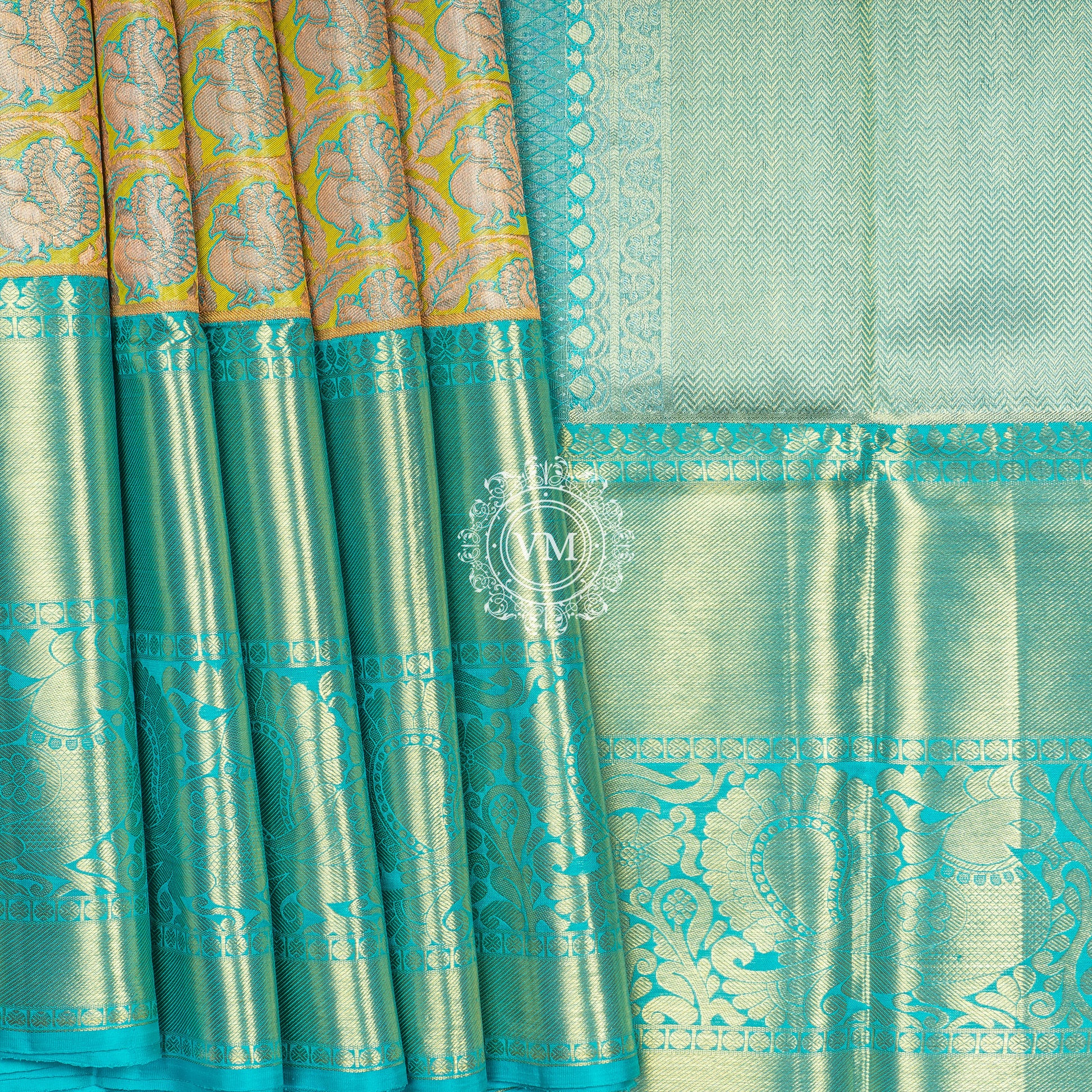 WS36 Sandstorm Green color Saree with Teal Blue Border - V Muthuswamy Silks
