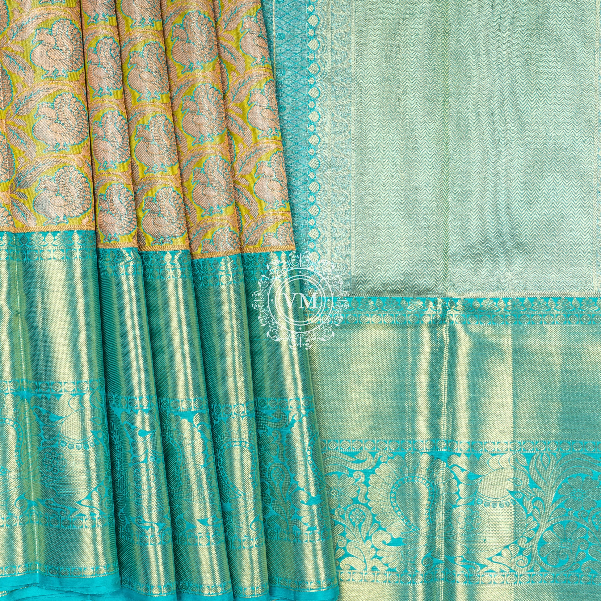 WS36 Sandstorm Green color Saree with Teal Blue Border - V Muthuswamy Silks
