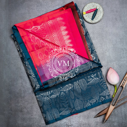 VM22074438 Dark Blue Grey , Hot Pinked  floral pattern Soft Silk Saree