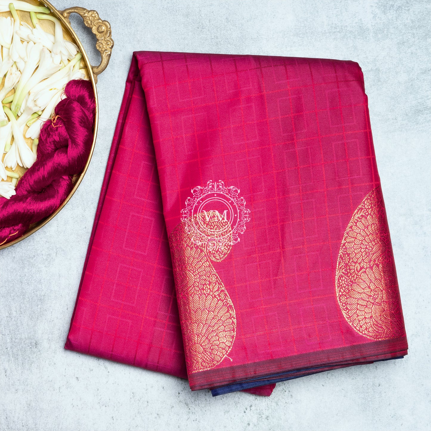 SS50 Paisley Gold Zari Motif with Checked Design Rani Pink Soft Silk Saree