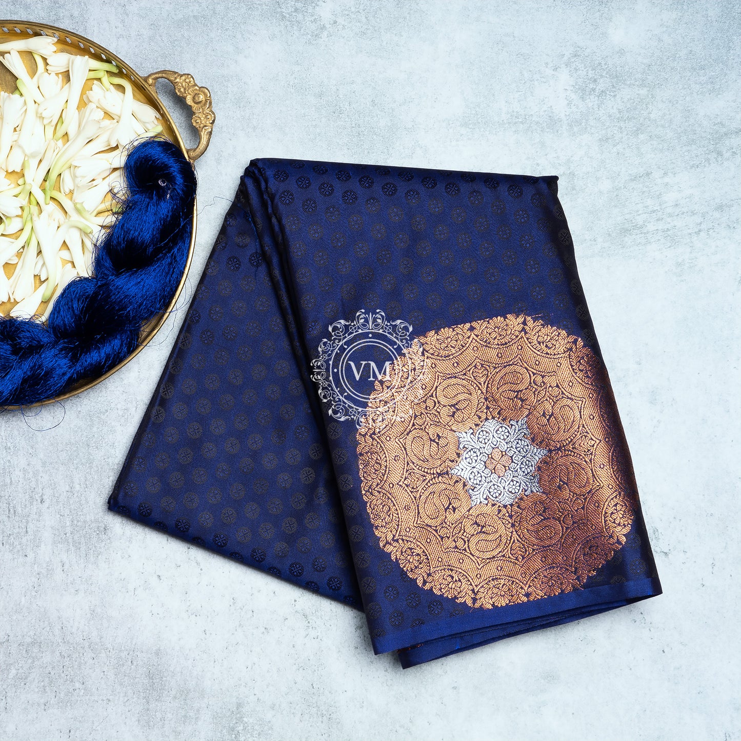 SS54 Allover Buttas with Gold  Zari Motif  Dark Blue Soft Silk Saree