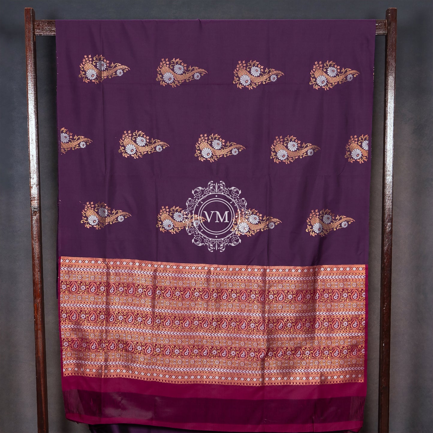 SS58 Silver and Gold Zari Design Floral Motif Purple Soft Silk Saree