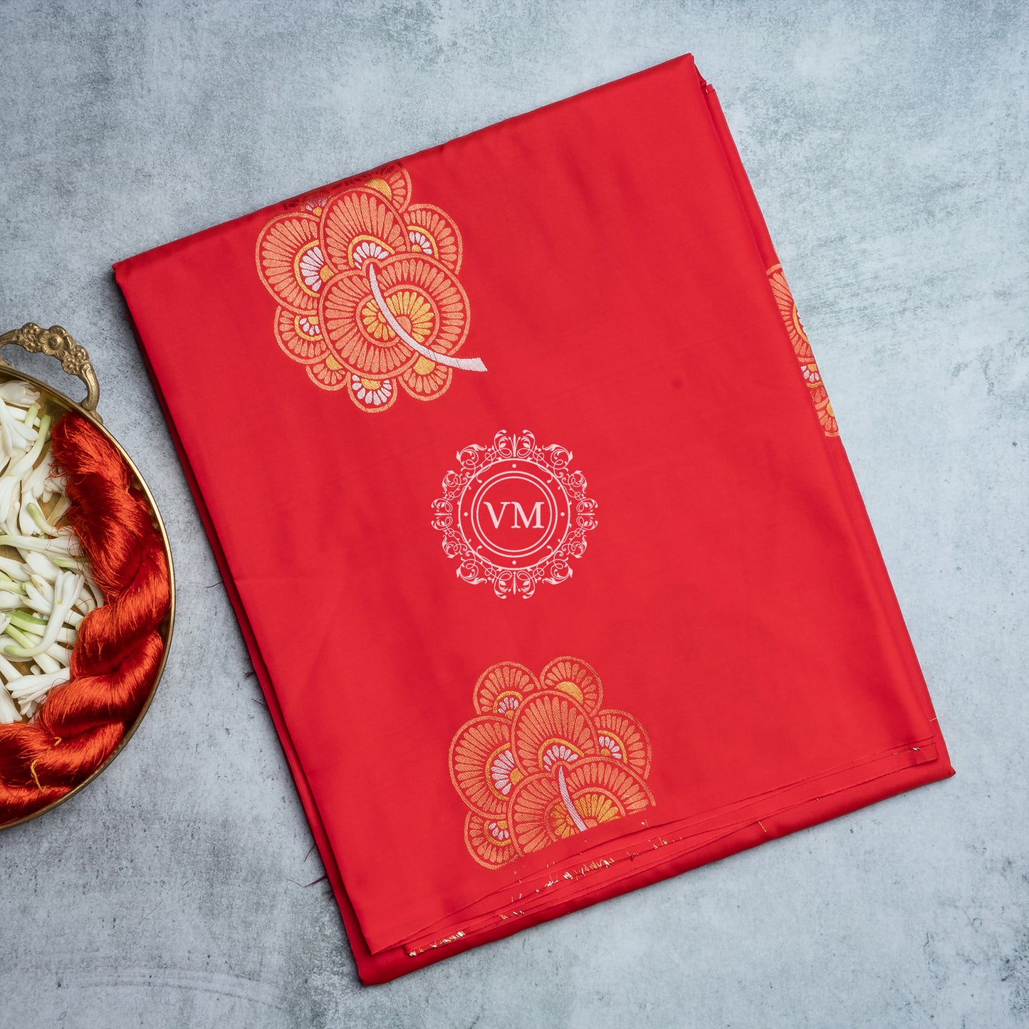 SS65 Floral Design Motif with Bright Orange Soft Silk Saree