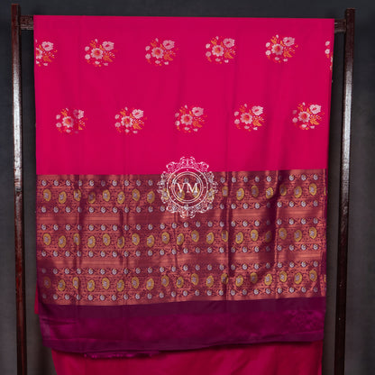 SS66 Silver And Copper Floral Zari Design  Rani Pink Soft Silk Saree