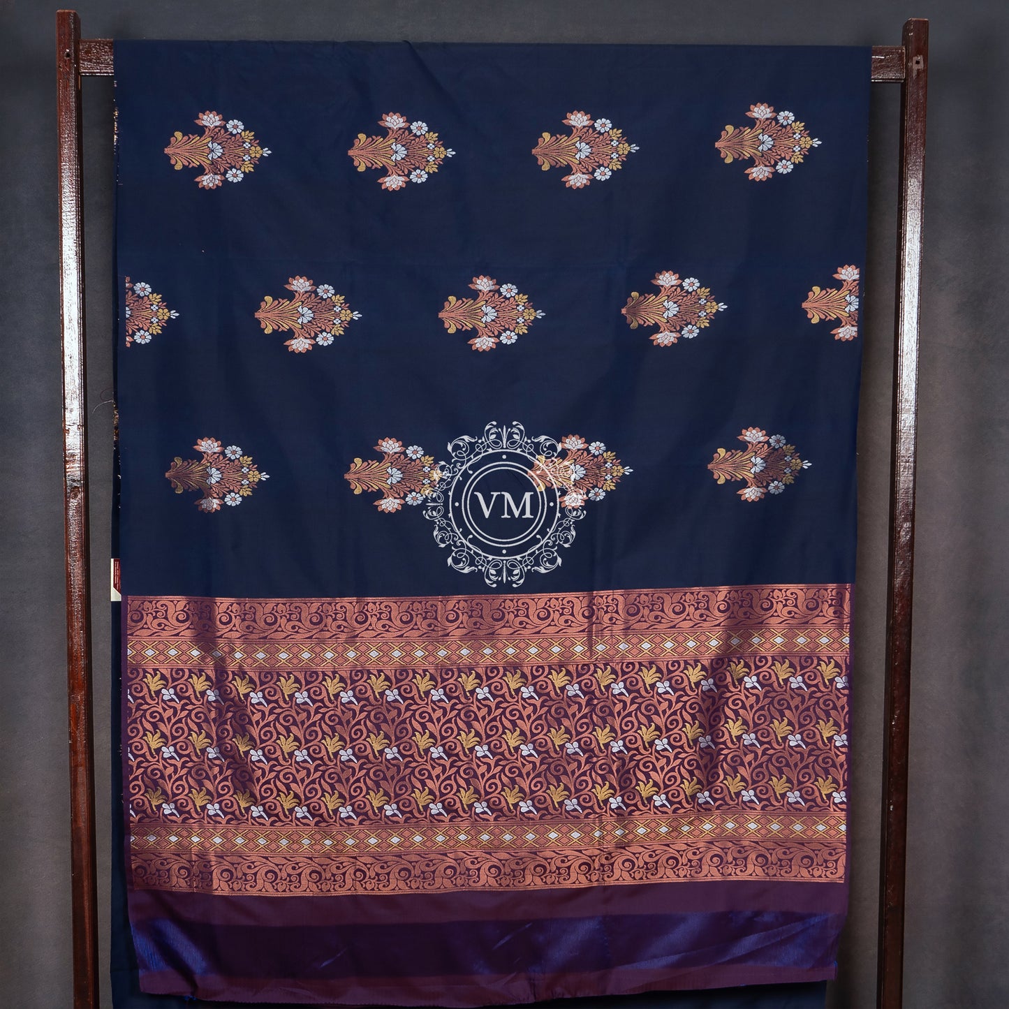 SS68 Beautiful Floral Design with Silver and Copper Zari Design Dark Blue Soft Silk Saree