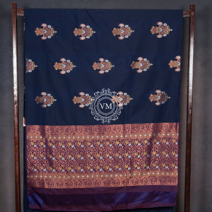 SS68 Beautiful Floral Design with Silver and Copper Zari Design Dark Blue Soft Silk Saree