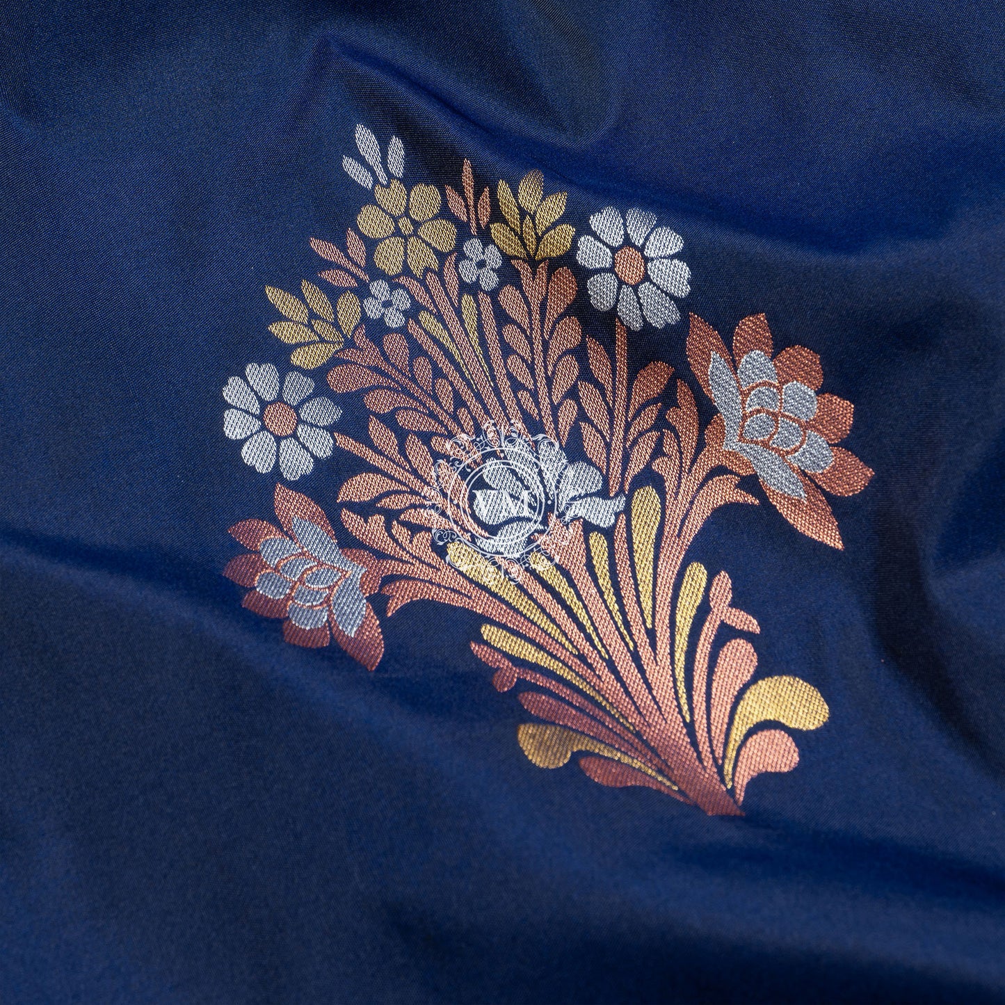 SS68 Beautiful Floral Design with Silver and Copper Zari Design Dark Blue Soft Silk Saree