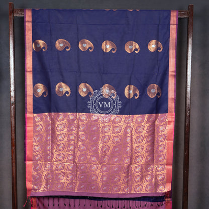 SS69 Paisley Gold Zari Motif Design With Dark Blue Soft Silk Saree