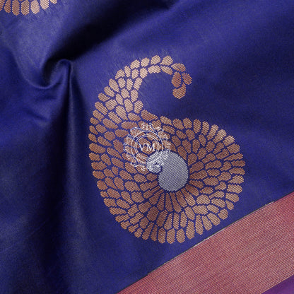 SS69 Paisley Gold Zari Motif Design With Dark Blue Soft Silk Saree