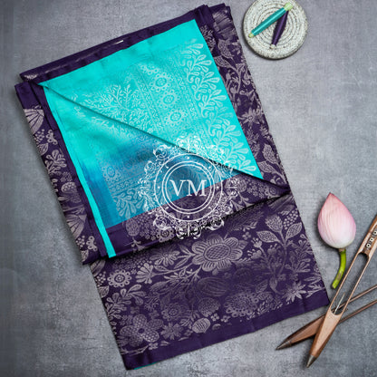 VM22074439 Aqua Blue and Dark Violet  Soft Silk Saree With  floral and foliage patterns