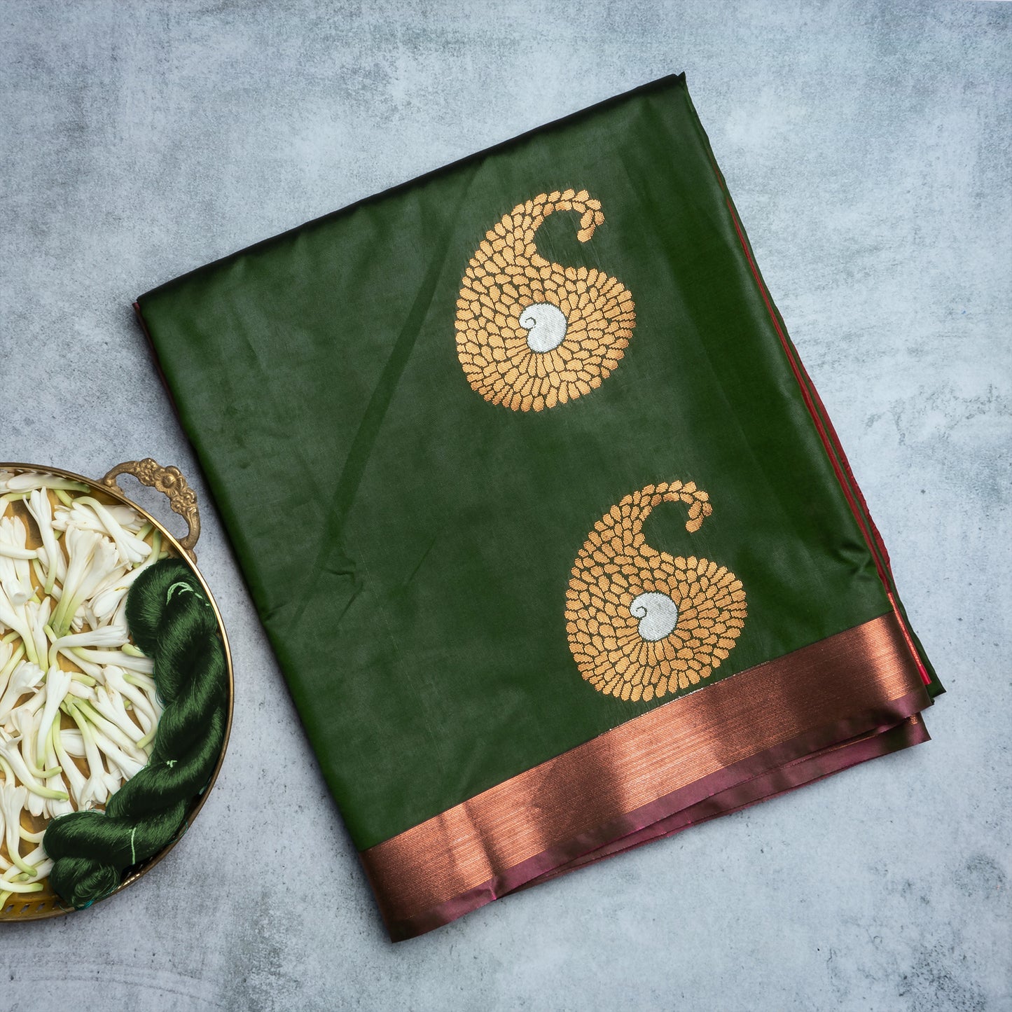 SS70 Olive Green Soft Silk Saree with Gold Zari Paisley Motif Design