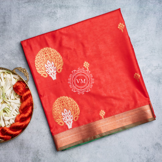 SS77 Bright Orange Soft Silk Saree with Floral Gold Zari Design