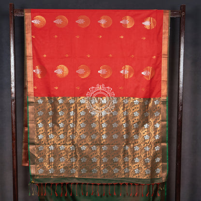 SS77 Bright Orange Soft Silk Saree with Floral Gold Zari Design