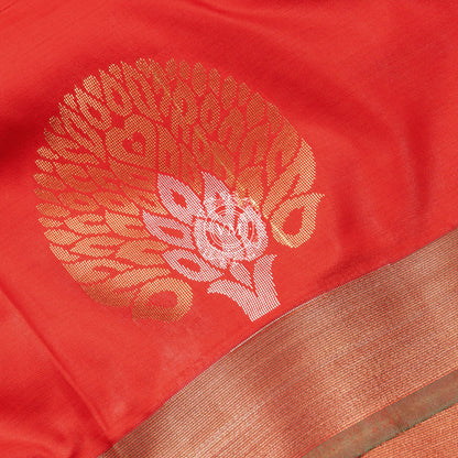 SS77 Bright Orange Soft Silk Saree with Floral Gold Zari Design